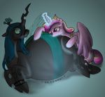  changeling chubby cutie_mark defenceless duo equine female feral friendship_is_magic green_eyes green_hair hair horn horse inflation mammal multi-colored_hair my_little_pony pony princess_cadance_(mlp) purple_eyes queen_chrysalis_(mlp) winged_unicorn wings 