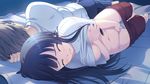  1boy 1girl aete_mushisuru_kimi_to_no_mirai back-to-back barefoot black_hair blush breast_grab breasts clenched_teeth eyes_closed feet fingering grabbing long_hair lying masturbation misaki_souka navel nipples on_side shirt_lift stealth_masturbation teeth toes 