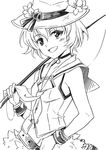  agahari greyscale hat ion_(rune_factory) monochrome open_mouth rune_factory rune_factory_3 short_hair simple_background smile solo white_background 