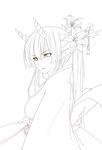  absurdres breasts flower hair_flower hair_ornament highres horns kagerou_(shadowmage) lineart long_hair medium_breasts monochrome original pointy_ears solo 