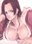  amazon arisue_kanako boa_hancock breasts chin_rest downblouse eyelashes huge_breasts long_hair monochrome one_piece smile solo 