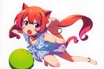  animal_ears anklet barefoot bell blush bracelet cat_ears cat_tail collar dress fang foreshortening jewelry jingle_bell kanzaki_hiro long_hair looking_at_viewer low_twintails nail_polish open_mouth original paw_pose purple_eyes red_hair scan solo tail toenail_polish twintails 