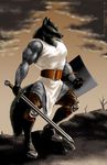  armor belt biceps black_fur boots canine chainmail clothing fantasy fur invalid_tag male mammal muscles pants ranged_weapon red_eyes richard_bartrop rjbartrop shield solo sword warrior weapon wolf 