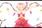  alza ascot blonde_hair blush bow crying flandre_scarlet hands_together happy_tears hat hat_bow letterboxed own_hands_together short_hair side_ponytail simple_background skirt skirt_set smile solo tears touhou white_background wings 