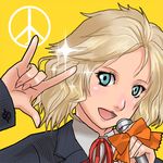  \m/ blonde_hair blue_eyes hamasuke macross macross_frontier metal_gear_(series) metal_gear_solid_peace_walker microphone open_mouth parody paz_ortega_andrade school_uniform seikan_hikou short_hair solo sparkle 