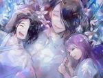  2boys black_hair child closed_mouth eyes_closed flower highres kamishiro_rize multiple_boys nimnim0628nim open_mouth purple_hair shirt smile tokyo_ghoul washuu-furuta_souta_(tokyo_ghoul) white_flower white_flowers white_shirt 