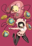  animal_ears bad_id bad_pixiv_id black_eyes black_hair bob_cut california_king_bed fake_animal_ears higashikata_daiya highres hood hoodie jojo_no_kimyou_na_bouken jojolion pantyhose pink_background shirano simple_background solo stand_(jojo) striped striped_legwear vertical-striped_legwear vertical_stripes 