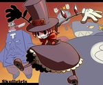  1girl 5boys andy_anvil avery_(skullgirls) black_eyes bomb boxing_gloves copyright_name dress eyes george_the_bomb gloves grin hakika hat knife lenny_the_bomb mechanical_arms multiple_boys orange_hair peacock_(skullgirls) red_eyes ribbon skullgirls smile title_drop tommy_two-tons top_hat weapon 