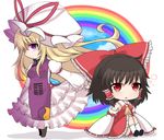  black_hair blonde_hair blue_sky chibi hakurei_reimu hat long_hair multiple_girls purple_eyes rainbow red_eyes shiohachi short_hair sitting sky standing touhou yakumo_yukari 