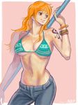  arisue_kanako bangle bikini_top bracelet breasts brown_eyes cleavage clima-tact denim earrings jeans jewelry large_breasts log_pose long_hair nami_(one_piece) navel one_piece orange_hair over_shoulder pants smile solo staff tattoo underboob weapon weapon_over_shoulder 