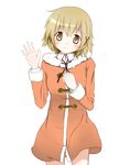  blush brown_eyes brown_hair coat cowboy_shot hair_ornament hairpin hidamari_sketch highres kokonoko_to_cream looking_at_viewer ribbon short_hair simple_background smile solo standing waving white_background x_hair_ornament yuno 