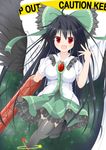  arm_cannon bad_id bad_pixiv_id black_hair black_legwear blush bow cape control_rod hair_bow highres maccha red_eyes reiuji_utsuho skirt smile solo thighhighs third_eye touhou weapon wings 