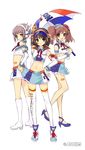  animal_ears armband asahina_mikuru boots brown_hair hand_on_hip headset high_heels itou_noiji microphone midriff multiple_girls nagato_yuki purple_hair race_queen school_uniform serafuku shoes short_hair suzumiya_haruhi suzumiya_haruhi_no_yuuutsu tattoo thighhighs twintails umbrella 