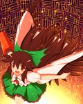  arm_cannon blush bow brown_hair cape control_rod hair_bow red_eyes reiuji_utsuho skirt smile solo ten203159 thighhighs third_eye touhou weapon wings 