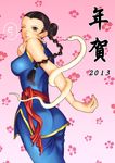  2013 ass bare_shoulders black_hair braid brown_eyes chinese_clothes earrings finger_to_mouth from_behind highres jewelry long_hair nagase_kei one_eye_closed pai_chan sash sleeveless snake solo translation_request twin_braids virtua_fighter white_snake 