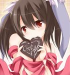  bare_shoulders black_hair bound chro heart mouth_hold original red_eyes ribbon smile solo tied_up 