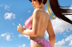  1girl 3d bikini breasts brown_hair cloud dead_or_alive dead_or_alive_5 hair_ornament hair_ribbon kasumi kasumi_(doa) large_breasts outdoors polka_dot ponytail ribbon sky solo swimsuit tecmo wet 