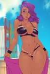  beach bikini black_bikini blue_eyes blue_sky breasts cloud contrapposto covered_nipples curvy dark_skin day doxy earrings eyebrows eyeshadow hair_ornament hair_stick heart heart_necklace jewelry large_breasts lips lipstick makeup my_little_pony my_little_pony_friendship_is_magic navel necklace outdoors personification purple_hair rarity revision ringlets sky slender_waist solo standing stud_earrings swimsuit thick_thighs thigh_gap thighs towel wide_hips wristband 