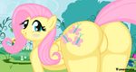  big_butt blush butt cutie_mark equine female flower fluttershy_(mlp) friendship_is_magic fur grass green_eyes hair horse landscape looking_at_viewer looking_back mammal my_little_pony outside pegasus pink_hair pony presenting presenting_hindquarters sky smile solo tree tumiohax wings yellow_fur 