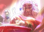  3girls eyes_closed female happy hat highres hong_meiling izayoi_sakuya long_hair maid_headdress multiple_girls official_art open_mouth patchouli_knowledge purple_hair red_hair silver_hair simple simple_background sitting sleeping touhou 