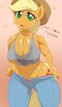  anthrofied applejack_(mlp) big_breasts breasts cleavage clothed clothing equine female friendship_is_magic green_eyes horse mammal my_little_pony panties pony solo sunibee sweat sweetsing underwear undressing 