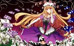  black_legwear blonde_hair card elbow_gloves flower fukunaga_kazuhiro garter_straps gloves hand_on_own_face hat hat_ribbon highres long_hair playing_card purple_eyes ribbon solo thighhighs touhou white_gloves yakumo_yukari 