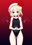  :o bangs blonde_hair blush cowboy_shot crystal flandre_scarlet flat_chest gradient gradient_background hands_together hat hat_ribbon highleg highleg_swimsuit ishimiso_(ishimura) looking_at_viewer one-piece_swimsuit one_side_up open_mouth own_hands_together pink_eyes ribbon short_hair side_ponytail solo standing swimsuit touhou wings 