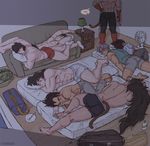  6+boys alien bag bardock black_hair character_request couch dragon_ball dragonball_z fan highres long_hair male male_focus multiple_boys muscle plate purple_hair raditz rutobuka sleeping son_gohan son_gokuu son_goten tail tarble toothbrush topless trunks_(dragon_ball) trunks_briefs underwear vegeta 