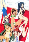  5girls absurdres asahina_mikuru asakura_ryouko barefoot bikini blue_eyes brown_eyes brown_hair feet female friends gray_hair green_hair grey_hair hands_on_feet highres long_hair multiple_girls nagato_yuki official_art orange_hair satoshi_kadowaki short_hair smile suzumiya_haruhi suzumiya_haruhi_no_yuuutsu swimsuit swimwear tan tanline toes tsuruya wink 