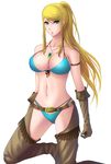  armband bad_id bad_pixiv_id belt bikini blonde_hair breasts cleavage collarbone elbow_gloves feathers fringe_trim front-tie_top gloves green_eyes highres jewelry kukua_(mosushi) large_breasts long_hair metroid navel necklace pendant ponytail samus_aran simple_background solo super_smash_bros. swimsuit western white_background 
