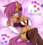  anthrofied bed bow bra condom demoloo detached_sleeves equine female fishnet friendship_is_magic hair hair_ornament horse invalid_color lingerie looking_at_viewer lying maid maid_uniform my_little_pony on_back pony purple_hair queen-of-cold-showers ribbons scootaloo_(mlp) solo 