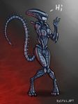  alien_(franchise) breasts english_text female kostos_art nipples nude shy smile solo standing teeth text xenomorph 