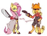  8-xenon-8 applejack_(mlp) blonde_hair bone_saw bonesaw clothed clothing cutie_mark engineer engineer_(team_fortress_2) english_text equine eyewear female fluttershy_(mlp) freckles friendship_is_magic fur glasses goggles green_eyes hair hard_hat hat helmet horse knife long_hair mammal medic medic_(team_fortress_2) my_little_pony pegasus pink_hair plain_background pony team_fortress_2 text video_games weapon white_background wings wrench yellow_fur 