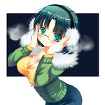  :3 absurdres adjusting_eyewear blue_skirt breasts cleavage earmuffs glasses green_eyes green_hair green_jacket hands_up highres jacket large_breasts long_sleeves looking_at_viewer nojima_noko open_clothes open_jacket original pencil_skirt skirt solo tareme upper_body 