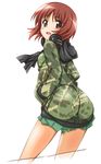  1girl ass bare_legs brown_eyes brown_hair camouflage girls_und_panzer hands_in_pockets looking_at_viewer mizuki_makoto nishizumi_miho open_mouth revision short_hair simple_background skirt smile solo white_background 