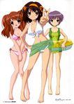  3girls absurdres asahina_mikuru barefoot bikini brown_hair feet highres ikeda_shouko innertube legs looking_at_viewer lowleg multiple_girls nagato_yuki official_art scan short_hair suzumiya_haruhi suzumiya_haruhi_no_yuuutsu swimsuit toes v 