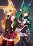  2girls :&lt; animal_ears bare_shoulders black_legwear blonde_hair blush bodysuit breasts cleavage_cutout clothed_navel dress fingerless_gloves fox_ears fox_tail gloves green_eyes green_hair grey_background hand_on_hip headgear highres kokonoe_tsubaki large_breasts long_hair menou_kaname multiple_girls navel original pantyhose purple_eyes short_shorts shorts simple_background skirt smile smirk standing striped striped_legwear tail taishi_(artist) thighhighs zettai_ryouiki 