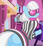  big_butt blue_fur butt camera clothed clothing equine female friendship_is_magic fur hair horse inside looking_at_viewer looking_back mammal my_little_pony photo_finish_(mlp) pony presenting presenting_hindquarters smile solo tumiohax white_hair 