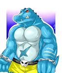  alligator anthro belly belt biceps big_muscles blue_skin body_markings chain chubby clothing crocodile donkey_kong_(series) donkey_kong_country fangs gut kludge kremling male markings musclegut muscles nintendo pecs pose red_eyes reptile scales scalie scar shorts solo standing stripes topless torn_clothing video_games 