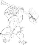  angry armpit_hair armpits balls biceps claws clenched_teeth dark_souls demon erection fur hammer horn line_art male muscles pecs penis plain_background ragnarokdragon solo teeth uncut weapon white-background 