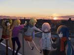  &gt;_&lt; akita_neru blonde_hair blue_eyes blue_hair building cellphone closed_eyes fence flip_phone food glasses green_eyes green_hair gumi hair_over_one_eye hatsune_miku jacket kagamine_rin long_hair md5_mismatch megurine_luka multiple_girls noodles pants pantyhose phone pink_hair pleated_skirt ryoun sandals scarf short_hair shorts skirt smile soba sunset thighhighs v vocaloid 