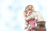  1girl belt blonde_hair blue_eyes blush bracelet couple height_difference hetero hug jewelry laughing link long_hair open_mouth pointy_ears ponytail princess_zelda short_hair smile the_legend_of_zelda the_legend_of_zelda:_skyward_sword wasabi_(legemd) 