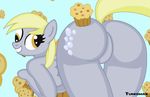 big_butt blonde_hair butt cutie_mark derp derpy_hooves_(mlp) equine female food friendship_is_magic fur grey_fur hair horse looking_at_viewer looking_back mammal muffin my_little_pony pegasus pony presenting presenting_hindquarters smile solo tumiohax wings yellow_eyes 
