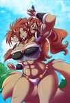  &lt;3 3_heads abs amber_eyes avian big_breasts bird black_nose breasts brown_hair canine cerberus chalo claws cleavage clothed clothing collar dog female grey_eyes grey_fur hair long_hair mammal minerva_(spinnerette) multi_head muscles muscular_female navel open_mouth outside sky smile solo spinnerette standing thick_thighs thighs tree 