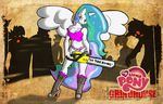  anthro anthrofied boots breasts chainsaw clothing english_text equine female friendship_is_magic group hair horn horse mammal multi-colored_hair my_little_pony open_mouth parody pony princess princess_celestia_(mlp) purple_eyes red_eyes royalty standing teeth text theburningdonut undead video_games weapon winged_unicorn wings zombie 