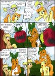 anthro applejack_(mlp) blonde_hair bush carrot carrot_top_(mlp) ciriliko comic cowboy_hat creeper cutie_mark derpy_hooves_(mlp) dialog english_text equine female feral flying freckles friendship_is_magic hair hat horse mammal minecraft my_little_pony orange_hair outside pegasus pony punch text toga tomato tree video_games wings yellow_eyes 