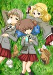  alisa_(girls_und_panzer) bad_id bad_pixiv_id bangs black_legwear blazer blonde_hair blue_eyes book bottle brown_eyes brown_hair bubble_blowing chewing_gum coca-cola dress_shirt food freckles girls_und_panzer grass grey_jacket hair_ornament hamburger jacket kay_(girls_und_panzer) kneehighs long_hair long_sleeves looking_at_viewer lying miniskirt multiple_girls nanai naomi_(girls_und_panzer) necktie on_back on_stomach pleated_skirt red_skirt saunders_school_uniform school_uniform serious shirt short_hair short_twintails skirt sleeves_rolled_up smile star star_hair_ornament twintails very_short_hair white_shirt 