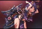  :d arms_up axe bent_over breasts cleavage eyeball highres hips horns huge_weapon letterboxed looking_at_viewer md5_mismatch medium_breasts midriff navel open_mouth original panties purple_eyes purple_hair smile solo talisman tattoo underwear weapon white_panties wristband zenn 