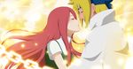  1boy 1girl absurdres blonde_hair blush cape chains eyes_closed highres incipient_kiss long_hair namikaze_minato naruto naruto_shippuuden red_hair uzumaki_kushina 