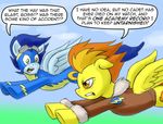  amber_eyes blue_feathers blue_fur blue_hair clothed clothing comic dialog duo english_text equine eyewear female feral flying friendship_is_magic fur goggles green_eyes hair horse male mammal my_little_pony orange_hair pegasus pluckyninja pony skinsuit soarin_(mlp) spitfire_(mlp) text timber_(artist) wings wonderbolts_(mlp) yellow_feathers yellow_fur 